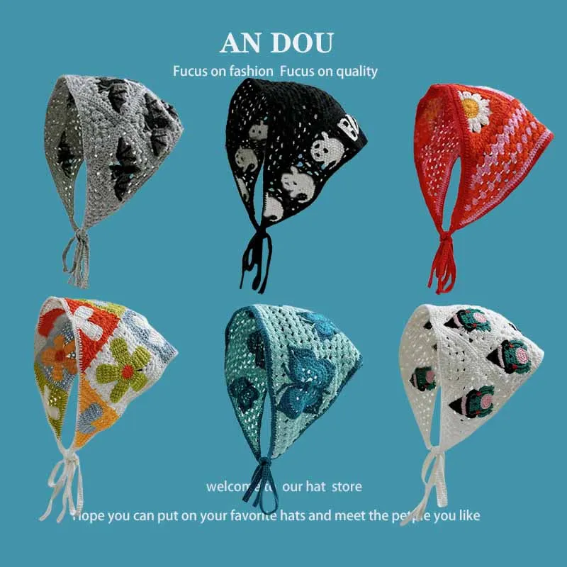 Dopamine Color Knitted Hollow Hair Scarf for Women Spring and Summer Travel Pastoral Style Versatile Sweet Triangle Towel