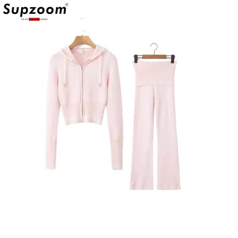 

Supzoom 2026 Новинка: Модный комплект из вязаной куртки с капюшоном и вязаных брюк с низкой талией и высокой эластичностью