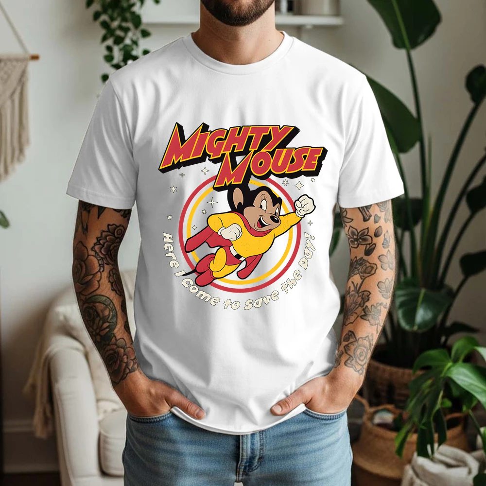 2026 Summer Mens Mighty Mouse Graphic Oversize Tee 100% Cotton Classic Cartoon Short Sleeve