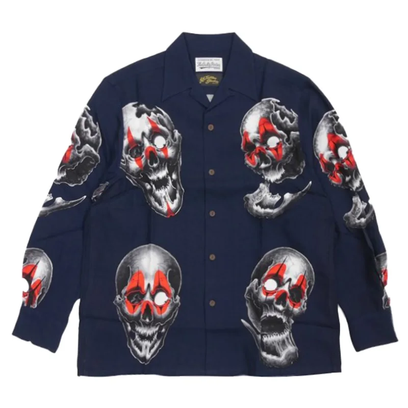 WACKO MARIA High-end Mens Womens Vintage Loose Skull Full Print Autumn Winter Hip Hop Hawaii Long Sleeve Shirt