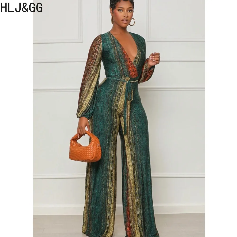 

HLJ&GG Green Retro Fashion Print Wide Leg Pants Jumpsuits Women Deep V Long Sleeve Lace Up Straight Playsuits Female OL Overalls
