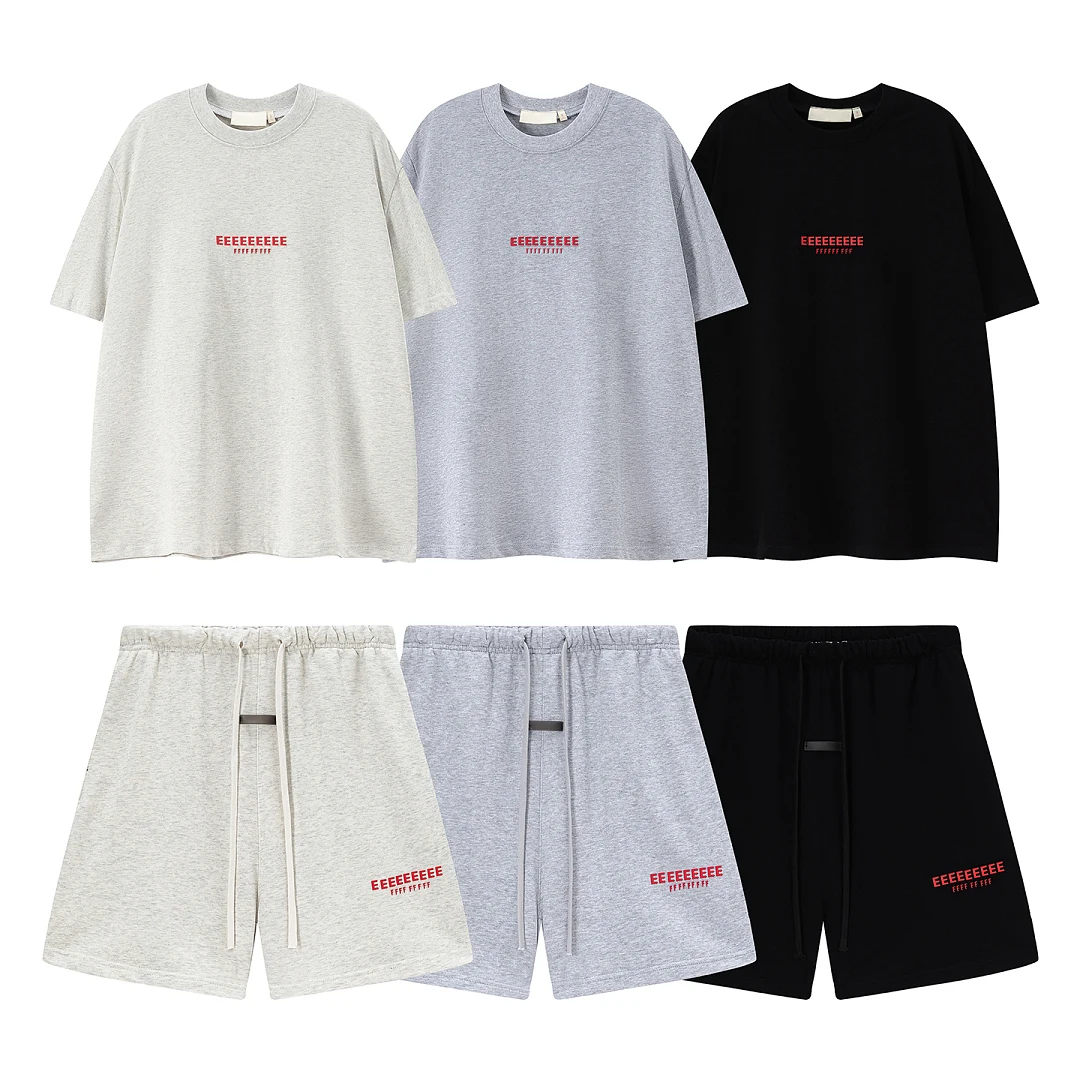 

PRC Trendy Brand Summer New Collection Double Line Red Logo Letter T shirt Shorts Set Men's High Street T-shirts Shorts Set