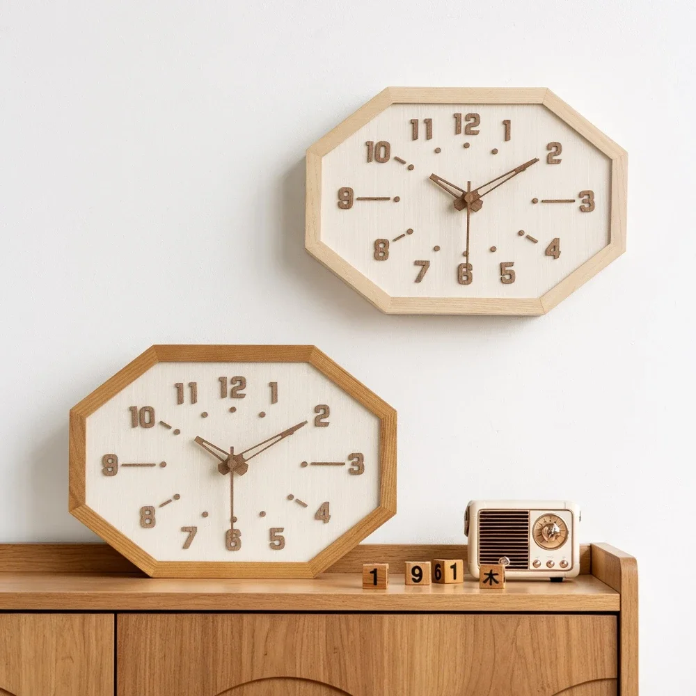Japanese Style Solid Wood Octagonal Wall Clock Silent Table Clock Modern Home Art Decor for Living Room Bedroom Study Office