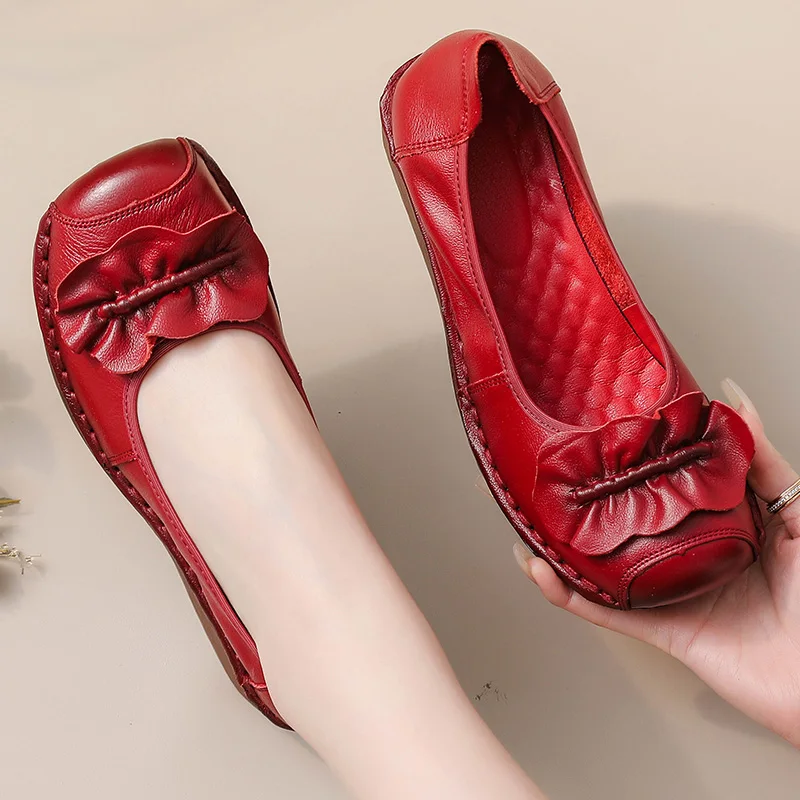 New women's natural leather shoes woman handmade wedged heel flats ladies mokasin grandmother chic shoes luxury loafer moccasins