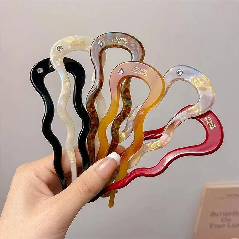 1PC Adult French Twist Hair Stick Acetate Wavy U Shaped Hairpin Vintage Tortoise Shell Women Hair Bun Pin Headwear Accessories