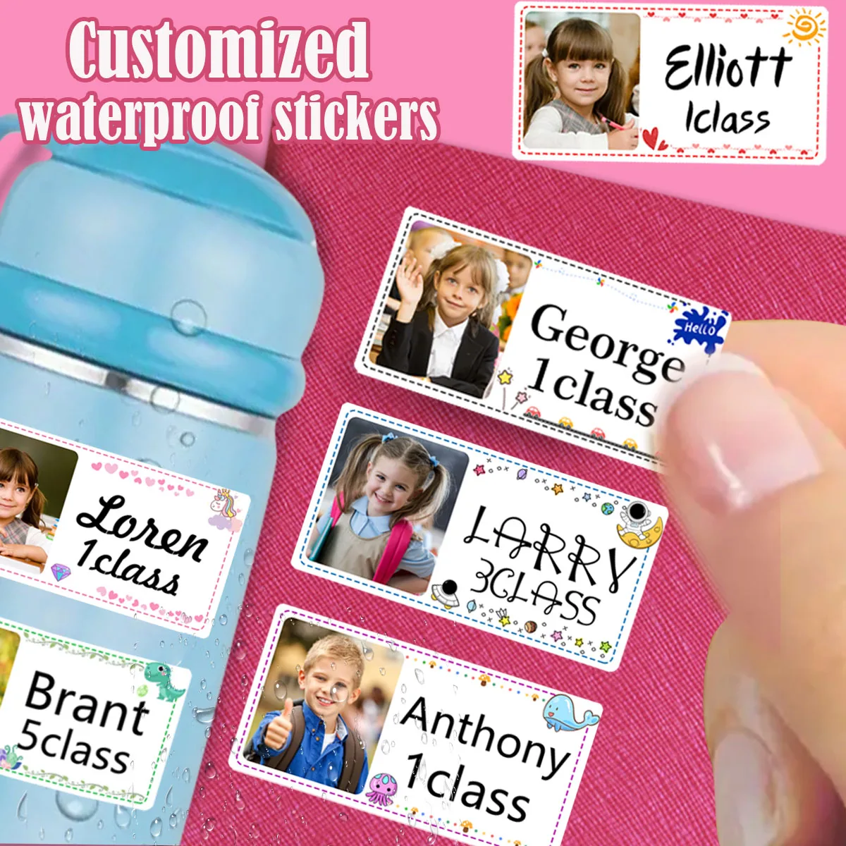 Etiquetas adhesivas de fotos personalizadas, pegatinas con nombre personalizado para botellas de agua y papelería infantil, resistente al agua, buena calidad, ZP1