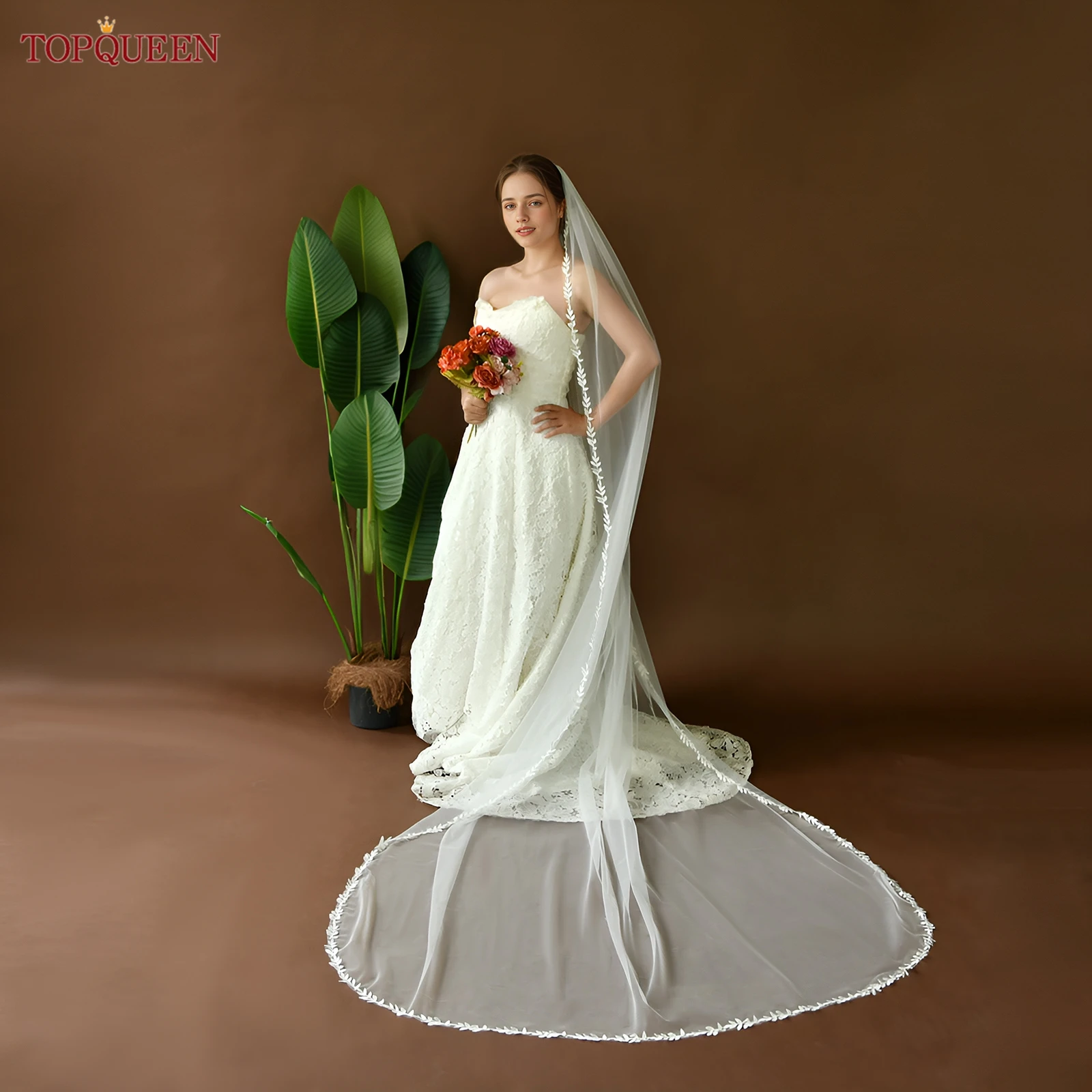 TOPQUEEN V129 كاتدرائية الزفاف الدانتيل الحجاب 3m طويل طرحة زفاف أبيض عاجي مع ورقة الدانتيل اكسسوارات الزفاف للتخصيص