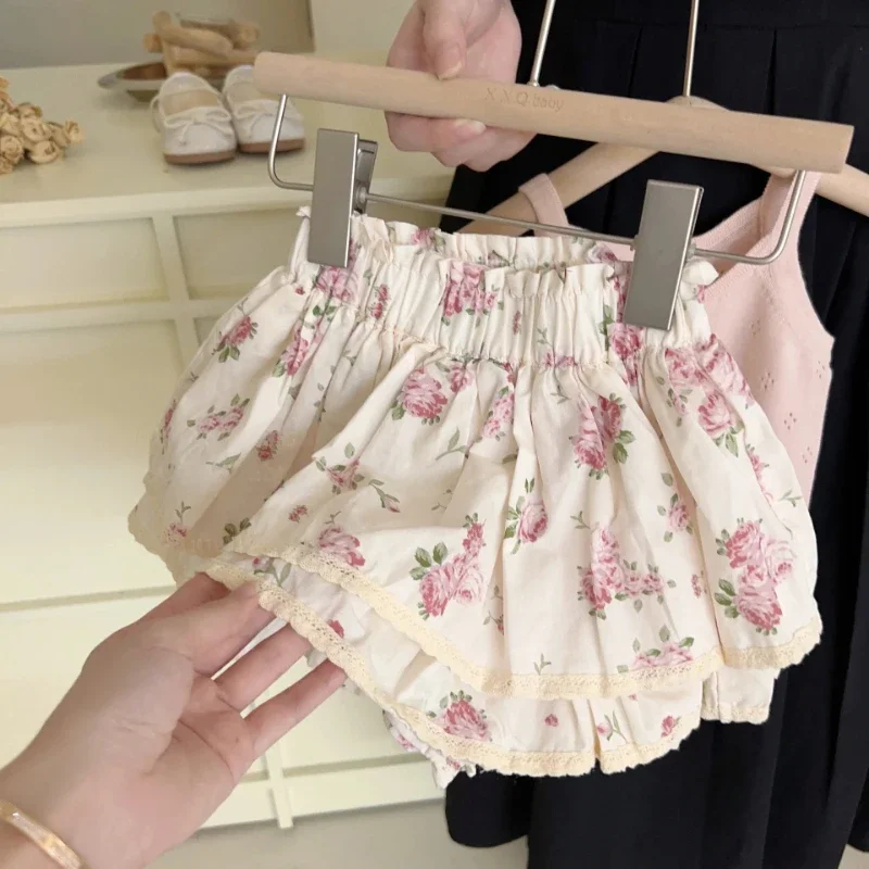 Korean Childrens 2025 New Fashion Summer New Girls Sleeveless Top Sweet Flower Skirt Set Cotton Sweet Girl Clothes Sets