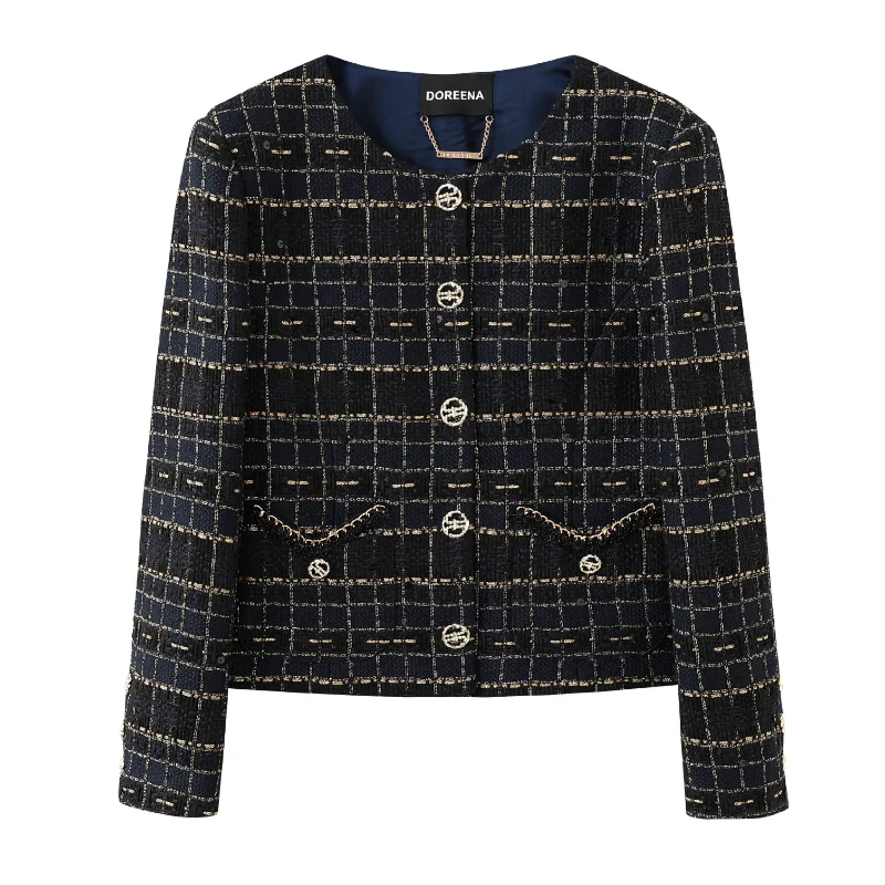 

New Fragrant Round Neck Short Coat for Women Fashion French High Quality Vintage Wine Tweed Long Sleeve Lady Coat