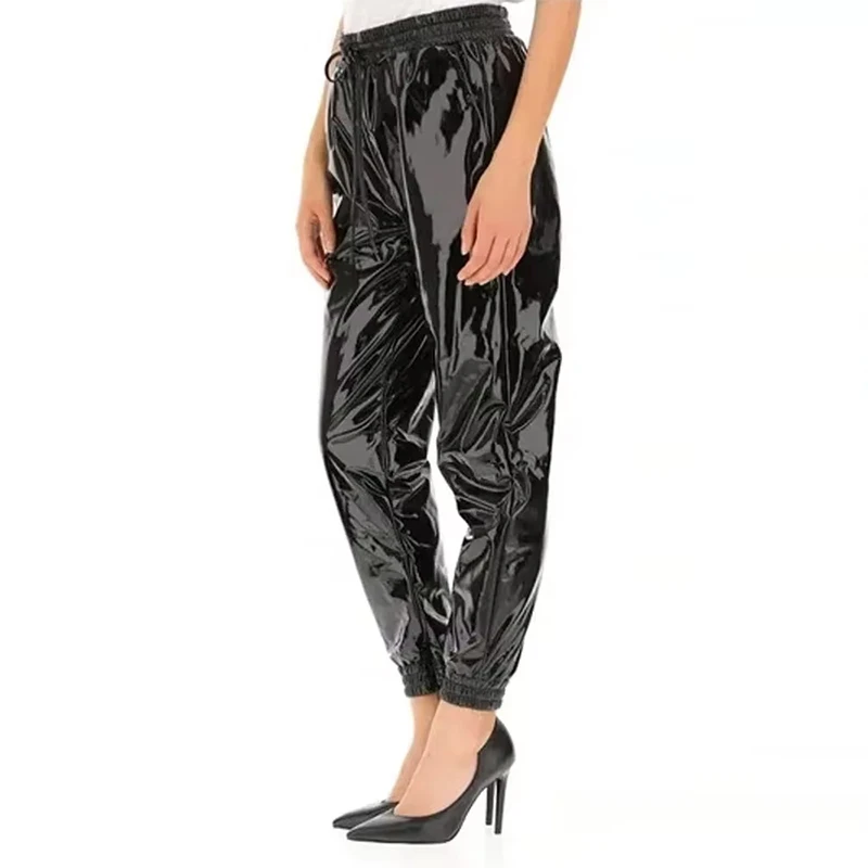 Women Shiny Faux Leather Jogger Pants Glossy PVC Wet Look Waist Elastic Trousers with Pockets Casual Streetwear 2026