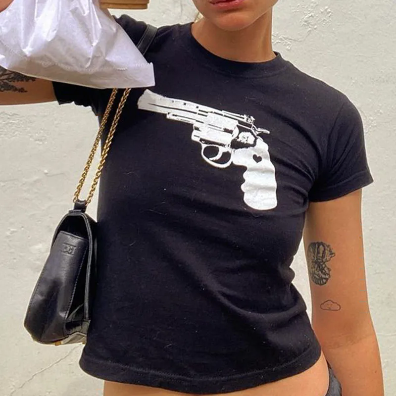 Women\'s Summer Skinny Crop Tops 2000s Gothic Grunge Print T-shirt Funny Short Sleeve Kpop Harajuku Streetwear Tees Y2k Clothes