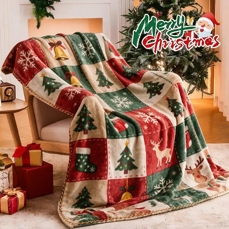Christmas Printed Flannel Blanket Xmas Elements Patchwork Multicolor Squares Throw Blanket 2027 Festival Gift Machine Washable