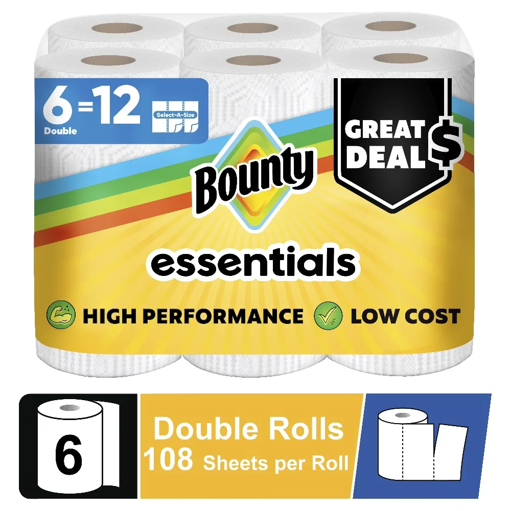 ICUTE-Bounty Essentials Paper Towels Select-A-Size 6 Double Rolls, White, 108 Sheets Per Roll