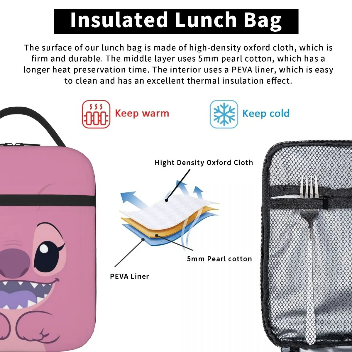 Lilo & Stitch Cartoon Insulated Lunch Bag Thermal Bag Reusable Angel High Capacity Tote Lunch Box Food Bag Office Picnic