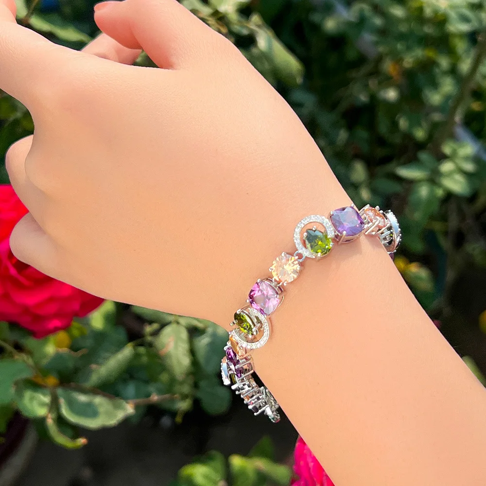 CWWZircons Genuine Cubic Zirconia Sparkling Purple Olive Green CZ Stone Charm Female Engagement Party Bracelets Jewellery CB311