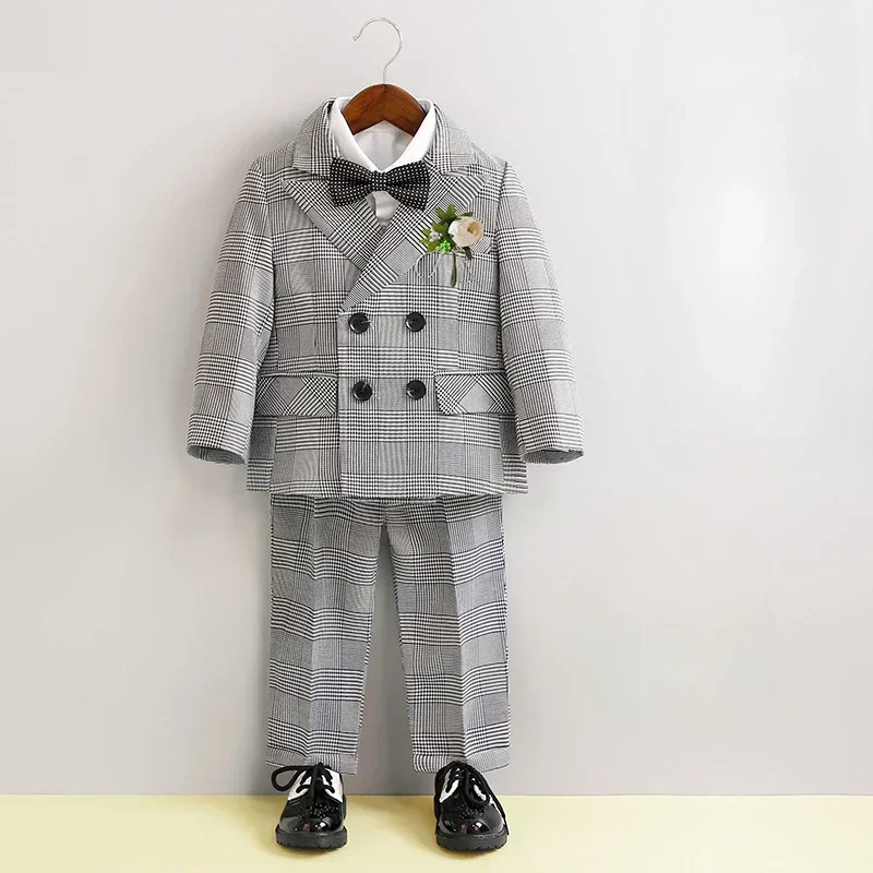 Boys Business Suit Spring Summer 2024 British Plaid Flower Child Wedding Outfits Gray Handsome Kids School Uniform Blazer Set