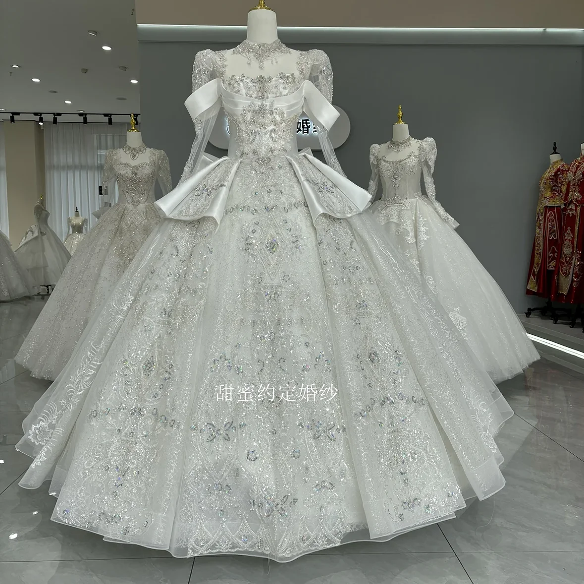 

Luxury Bride Wedding Dresses Full Sleeve Beading Rhinestone Embroidery Long Trailing Ball High-end Wedding Party Gowns 2024