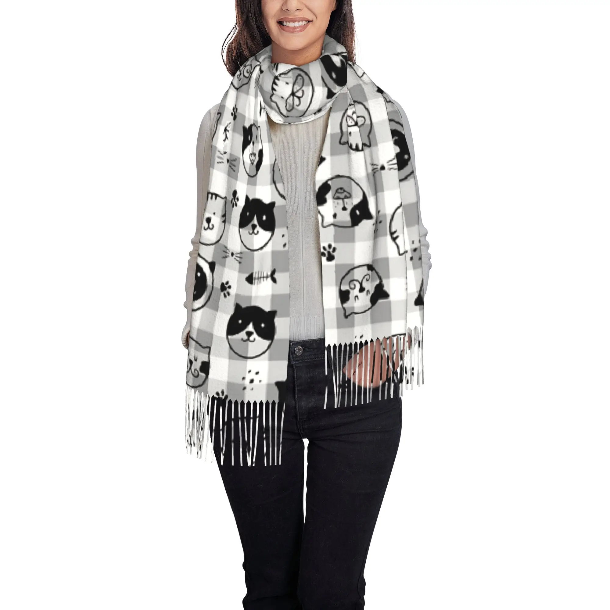 1 PC Monochrome Cat Graphic Autumn Scarf Women Winter Pashmina Shawls Warm Blanket Wraps  Female Thick Scarves