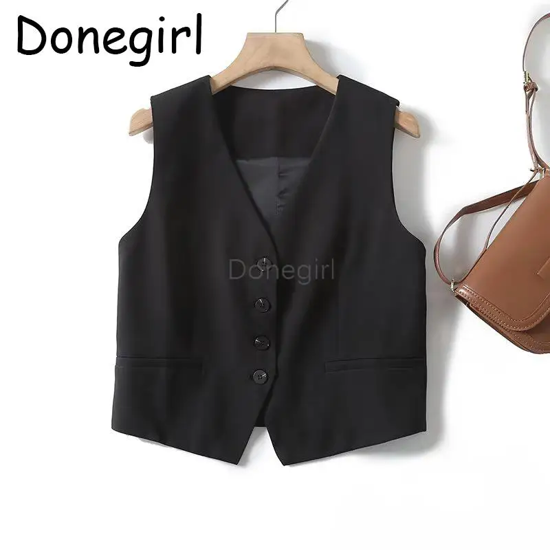 

Donegirl 2023 New Fashion Women Solid V-neck Sleeveless Single-breasted Short Blazer Vest Commute Slim Tops Female Chic Tank