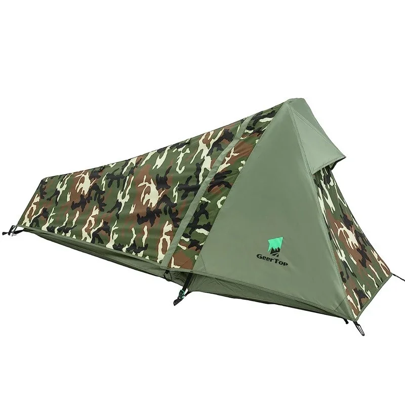 Single Person Camouflage Green Hiking Tent Outdoor Camping Sports Equipment Waterproof Pyramid Mountaineering Aluminum Pole