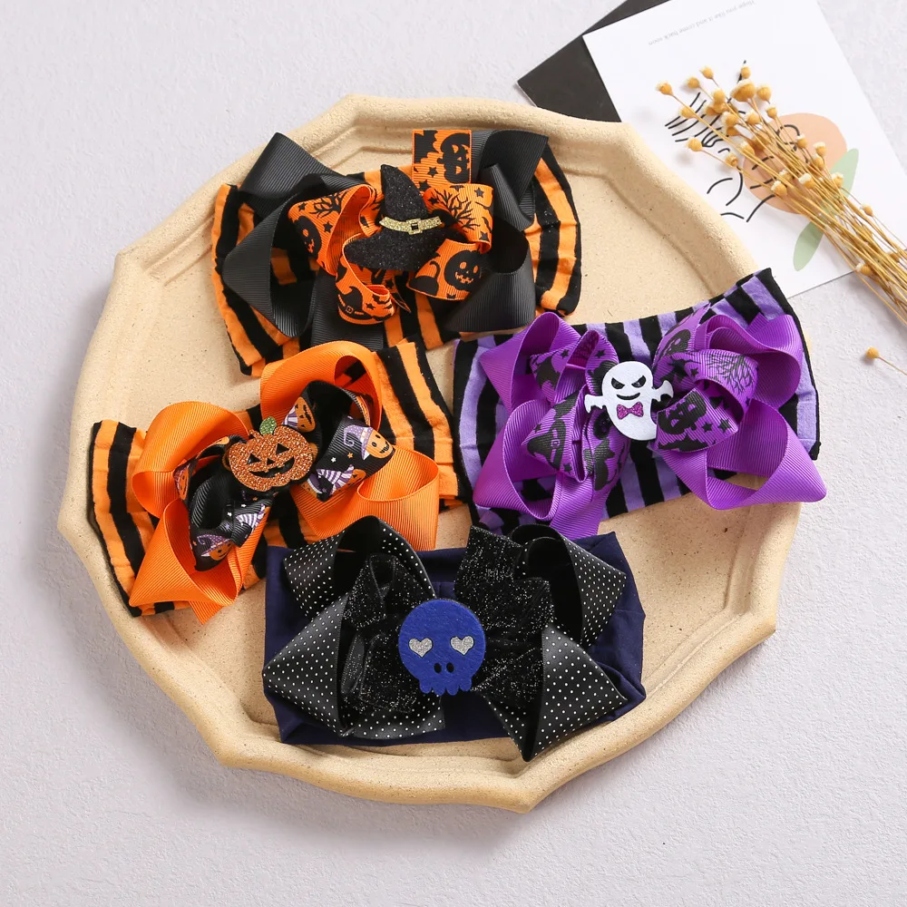 Baby Headband Halloween Witch Hat Pumpkin Hair Accessories Cute Bow Newborn Elastic Headwear Toddler Kids Holiday Party Props