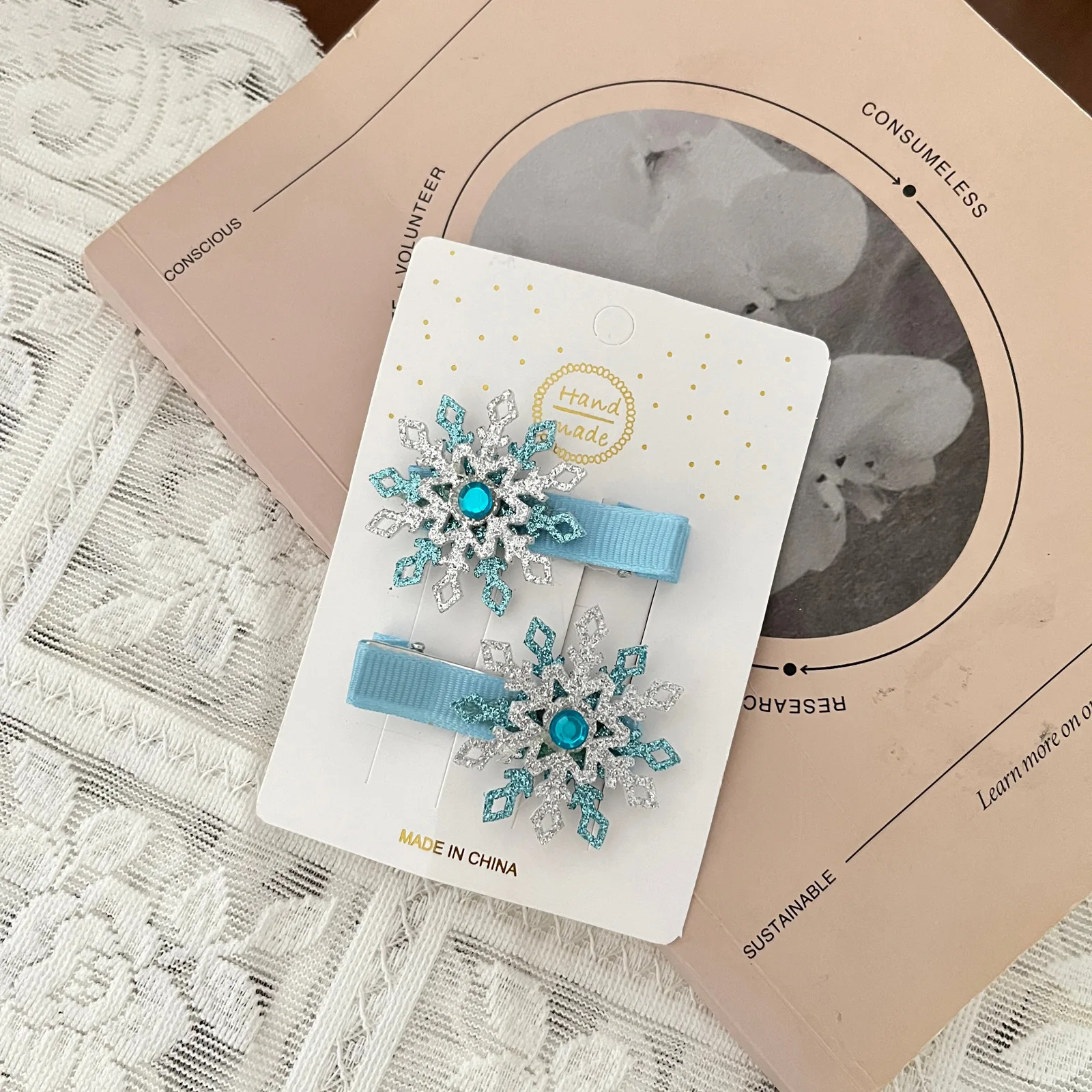 Spinka do włosów dla dzieci w kształcie płatka śniegu, materiałowa, wszechstronna, ozdoba do włosów, spinka księżniczki do upinania z boku.