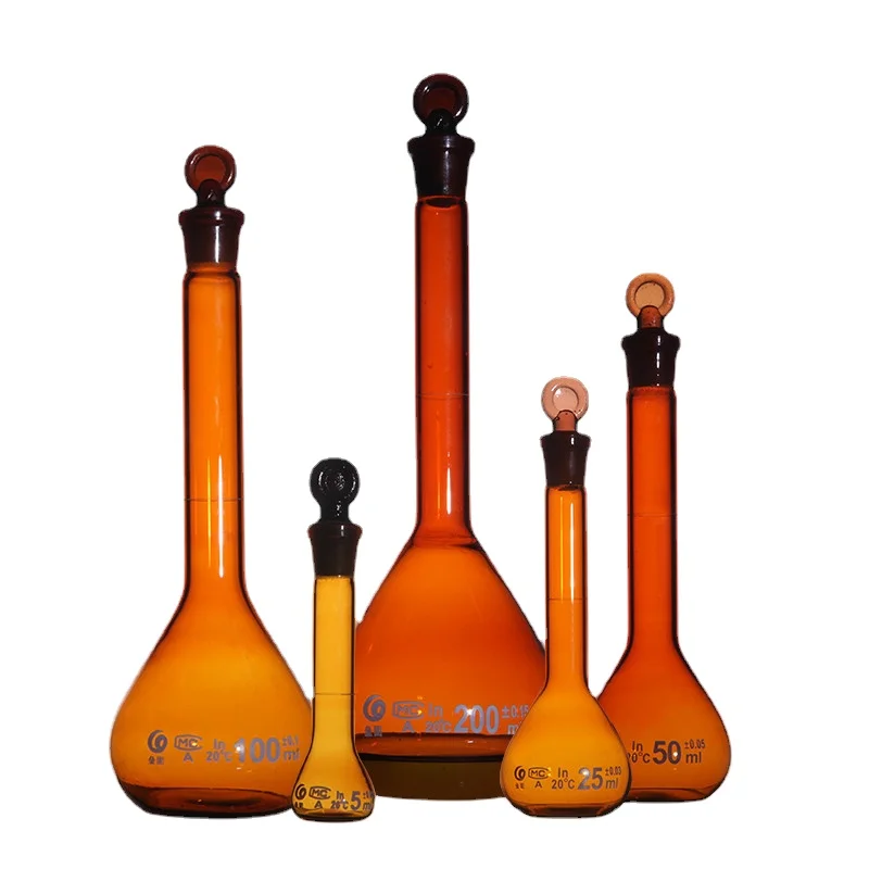 1 sztuk/partia Amber Brown 5ml do 1000ml szklana kolba miarowa, kolba z korkiem szlifowanym, szkło laboratoryjne