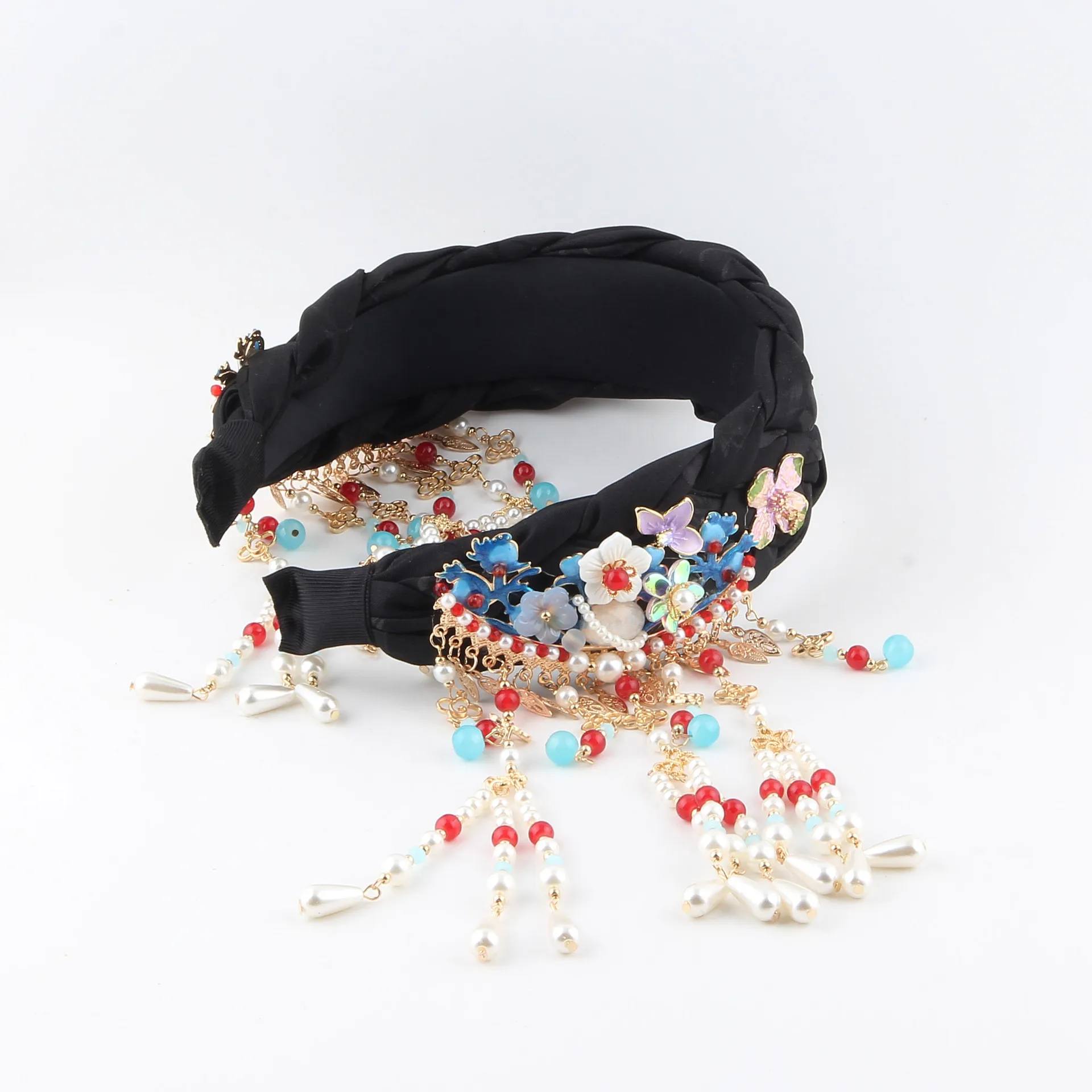 Original Design Chinese Baroque Hair Jewelry Wide Fabric Rhinestone Tassel Hairbands Party Elegant Ladies Fascinator Headpieces