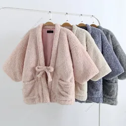 Hanten Jacket Traditional Japanese Kimono Clothing Cardigan Lace Up Coral Velvet Coat for Men Women Home Asian Clothes