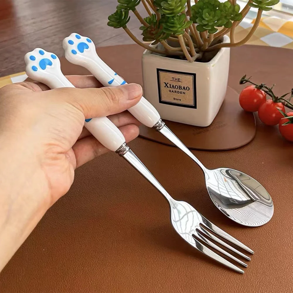 Stainless Steel Spoon and Fork Set with Storage Box Portable Tableware Cute Cat Paw Shaped Dinnerware Kit for Adults Kids School