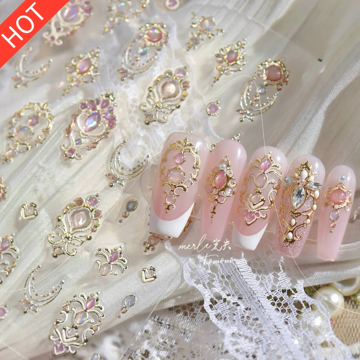 Elegant Metallic Gold Scepter Nail Art Stickers 3D Embossed Self-Adhesive Luxury Mature Style Gold Border Nail Decals for Women