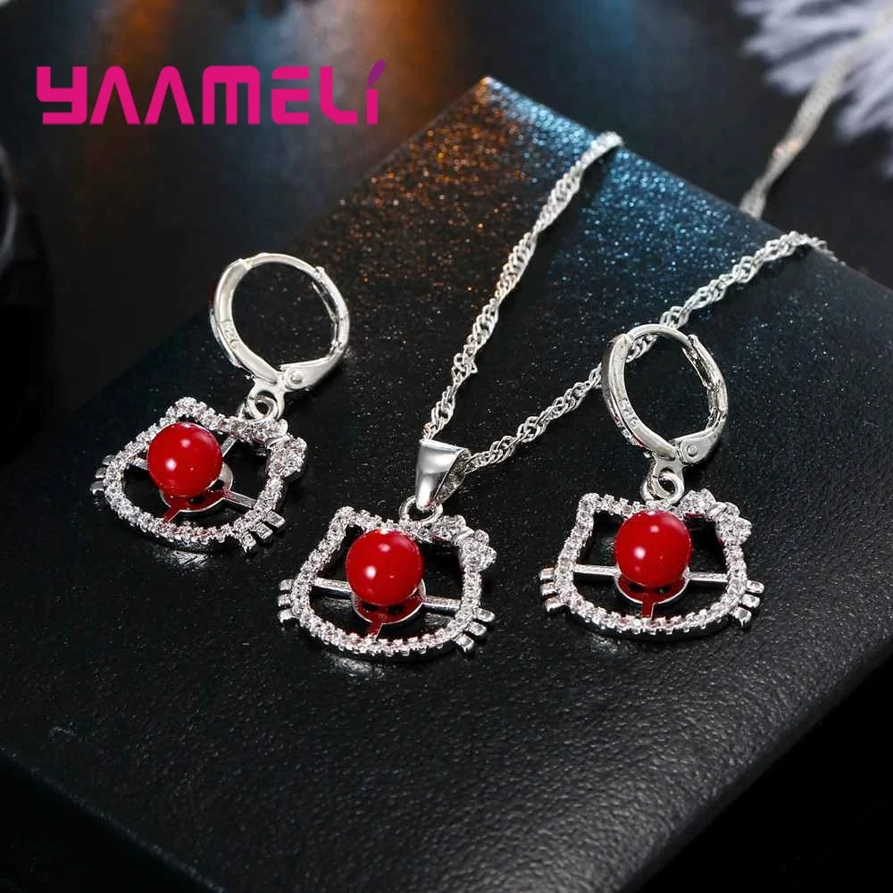 Lovely Romantic Necklace Pendant+Drop Earrings Sets Cubic Zirconia Hot 925 Sterling Silver Cat Shape Crystal Jewelry