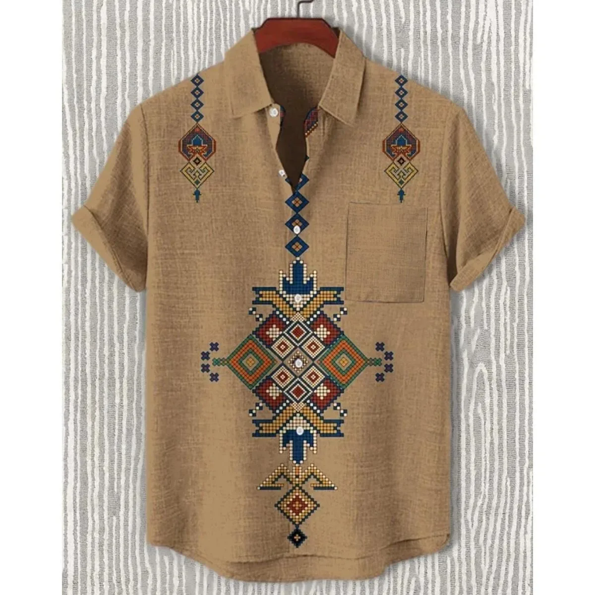 Men's Ethnic Style Natural Totem 3D Printed Shirt Short-sleeved Narrow Collar Single-breasted Simple Business Party Beach Casual