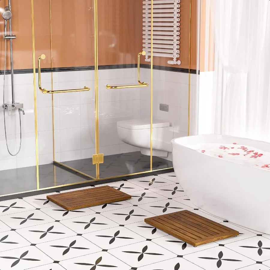 Teak Shower Mat 21"x14" Wood Bath Mat NonSlip Bathroom Mat Teak Bath Mats for Bathroom Wooden Floor Mat Bathroom Mat for Inside