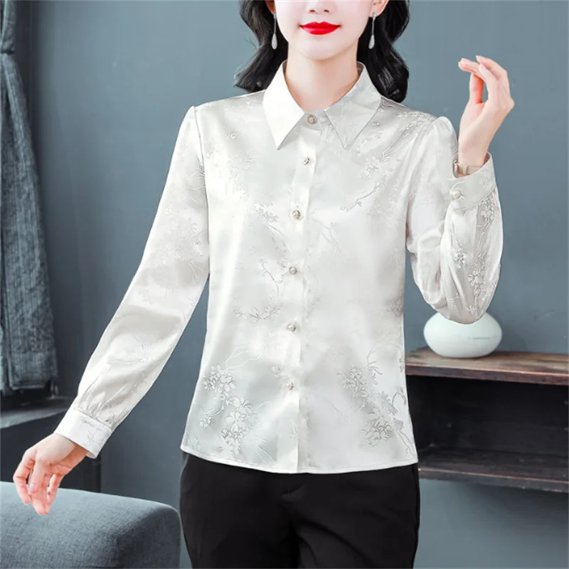 

Silk Shirt For Women OL Blouse Business Leisure Shirts Autumn Cothes Shirt Middle Aged Printed Thin Tops Female Blous