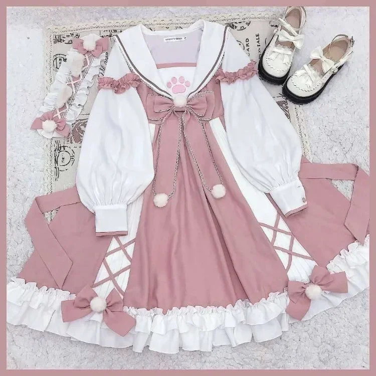 Vestido de talla grande Meow Paw Lolita para Mujer, Vestidos con lazo y cuello de marinero, Y2k, E-Girl, Vestidos nuevos de invierno de manga larga