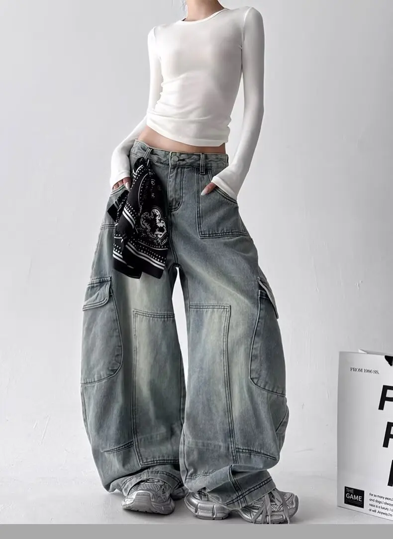 가을과 겨울에 입는 여성용 레트로 워크웨어 와이드 레그 진, 하이 스트리트 디자인의 루즈하고 슬림한 하이웨이스트 스트레이트 팬츠