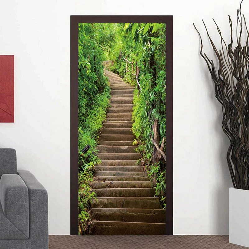 

3D Stairway Door Stickers Removable Home Decorative Forest Path Design Door Wallpaper Waterproof Mural Poster