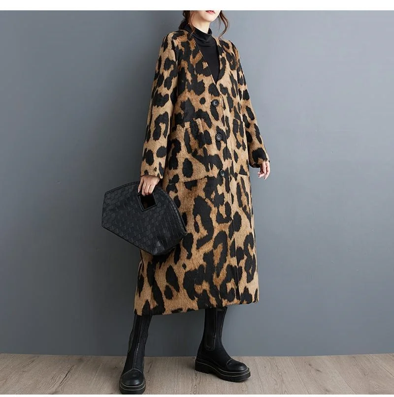 الرجعية موضة ليوبارد طباعة الصوف خندق معطف الملابس النسائية الخريف الربيع فضفاضة متوسطة طويلة طبقة مزدوجة سترة واقية w1434