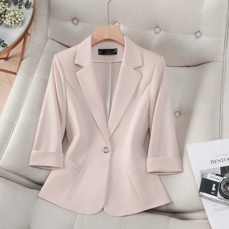 Single-Button Solid Color Three-Quarter Sleeve Slim Women Blazer Elegant High-End Ladies Commuter Suit Jacket Female Outerwear