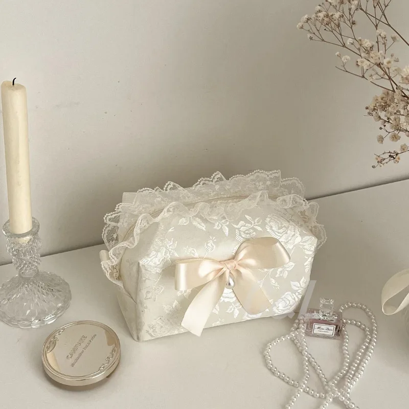 European Princess-style Lace Flower Makeup Bag With Bow Pearl Wedding Makeup Bag Cosmetic Bag Cute Case Sweet Style Square Bag