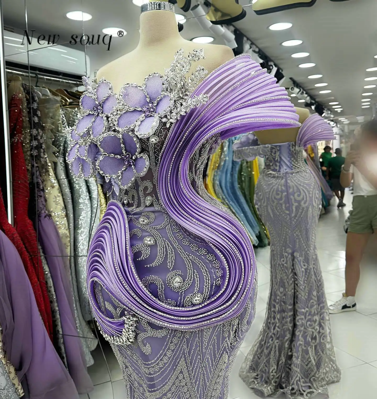 Amazing Amethyst Purple Crystals 3D Flowers Evening Dresses Long Formal Beaded Sequins Mermaid Wedding Party Gowns for Women