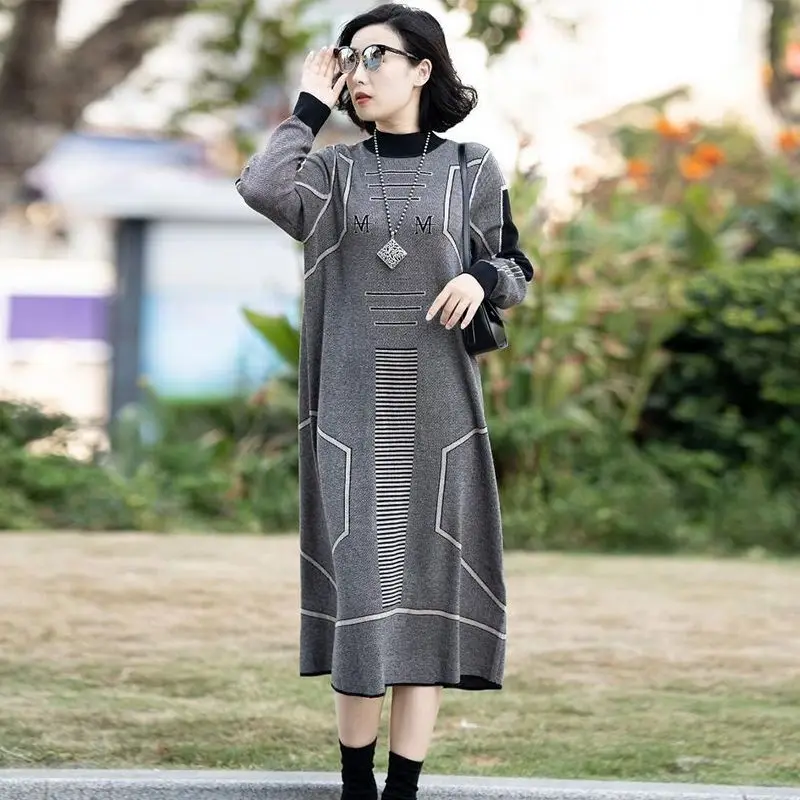 Women's Oversize Knitting Dress, Half High Collar, Letters Print, Female Loose Long Bottom Sweater, New Fashion, Autumn, Winter