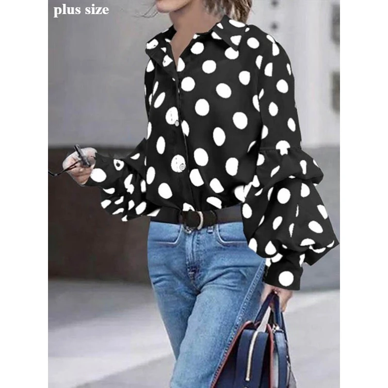 TAKO Polka Point Camicie taglie forti Donna 2025 Autunno Manica a sbuffo Monopetto Vestibilità ampia Pieghe Camicette con risvolto da donna 176935