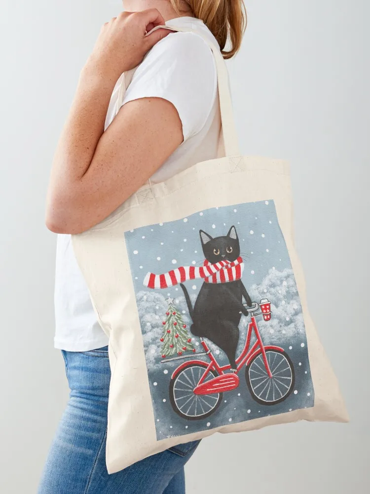 

Black Cat Winter Bicycle Ride Tote Bag personalized tote Customizable tote bag Reusable bags Canvas stote bag