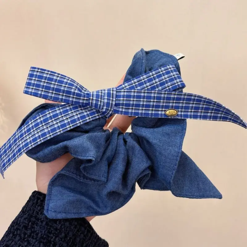Koreański niebieski styl dżinsowy duża kokarda Scrunchies dla kobiet nieregularna krawędź uchwyt na kucyk opaski do włosów Y2K dziewczęce akcesoria do włosów — zdjęcie 6