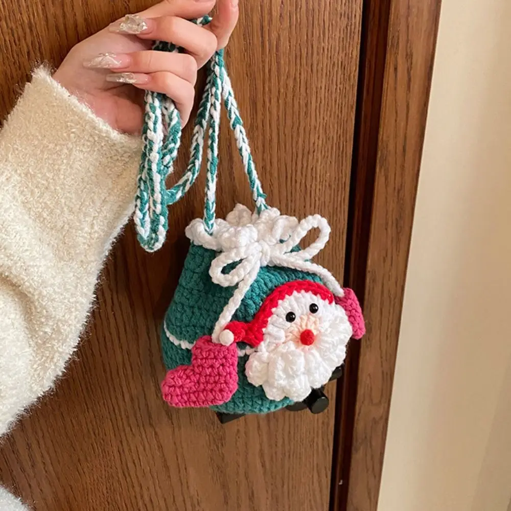 

Creative Bow Xmas Candy Bag Kriss Kringle Woven Father Christmas Bag Cross Body Santa Claus Knitting Drawstring Bag Party