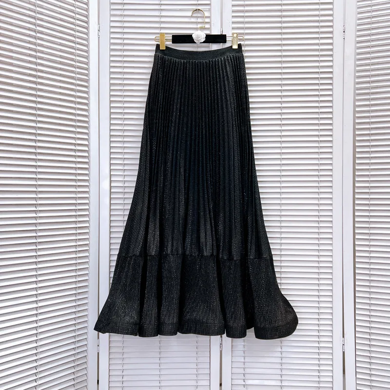 French Elegant High-End Bling Pleated Skirts Elastic High Waist A-Line Versatile Casual Temperament Long Skirt Women Summer 2025