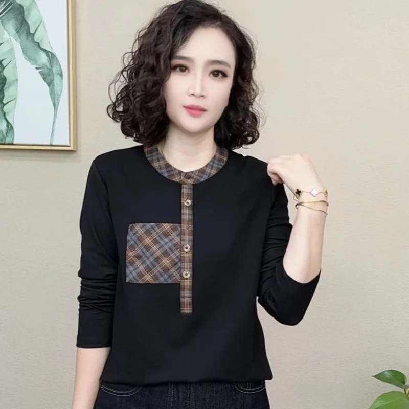 Women Autumn Long Sleeve Top Plaid Splice Button Crew Neck Casual Fashion Versatile Slim Blouse S 4XL