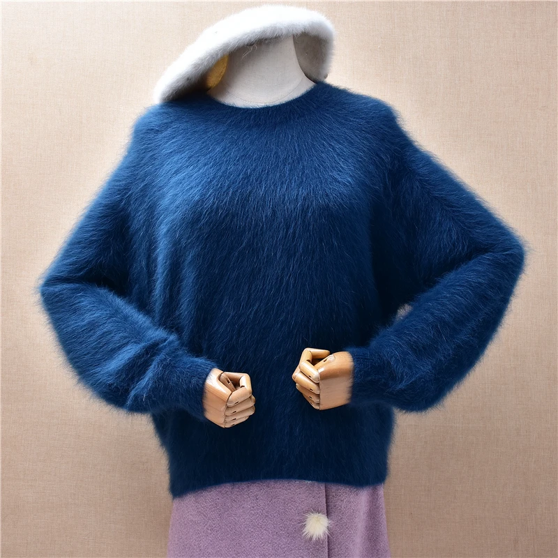 

Female Women Fall Winter Clothing Hairy Mink Cashmere Knitted O-Neck Long Sleeves Loose Pullover Angora Fur Sweater Jumper Pull